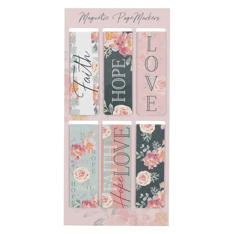 Set of vintage-style rectangular magnetic bookmarks featuring a folded paper design with Faith Hope Love text.