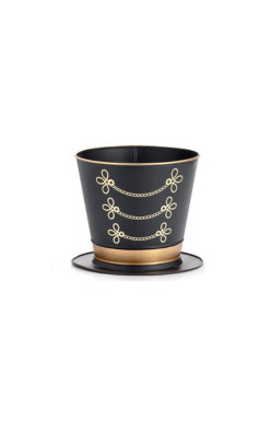 Nutcracker hat tin planter in black with gold chain decals and a gold band.