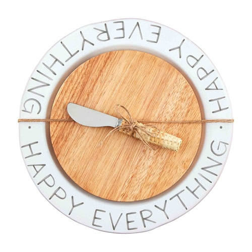 Happy Everything terracotta cheese plate with a round wooden board and a woven handle spreader.