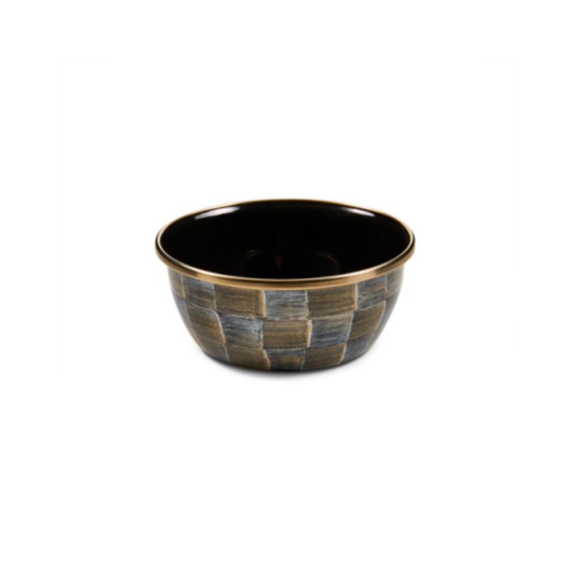 Sophisticheck Pinch Bowl with a hand-painted grey and gold checkered pattern and gold rim.