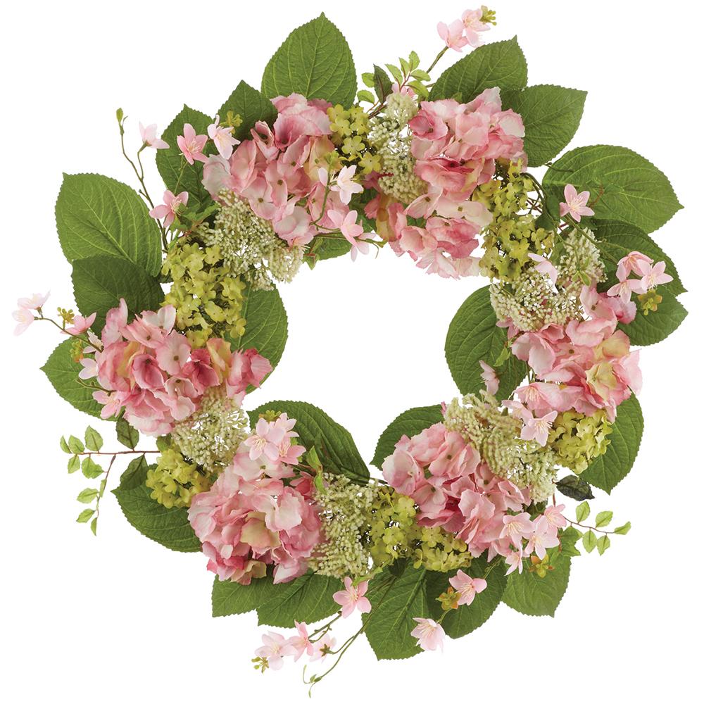 24 Inch Hydrangea/Snowball/Blossom Wreath Pink Green