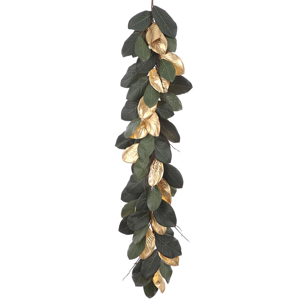 Green artificial magnolia leaf garland with gold accents made of polyester and plastic.