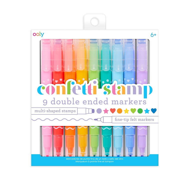 Set of 9 Ooly Confetti Stamp double-ended markers with fine felt tips and multi-shaped stamps.