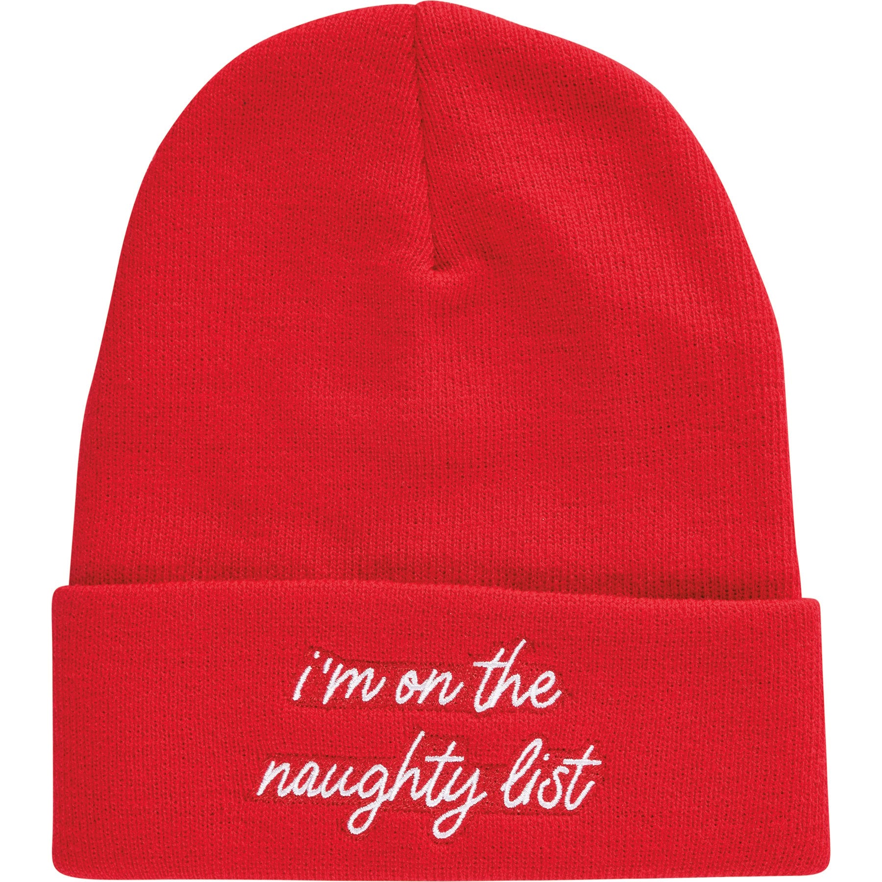 Acrylic beanie with 'I'm on the Naughty List' text in white script on a black background.