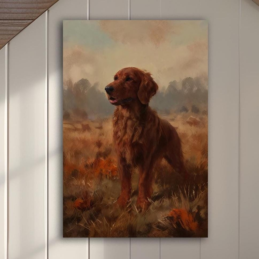 Rustic oil painting of an Irish Setter standing in a fall field on a canvas wall art print.