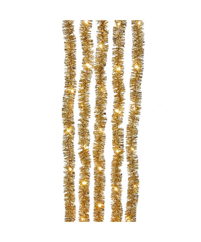 Five vertical strands of champagne gold tinsel garland with warm white superbright cascade lights.
