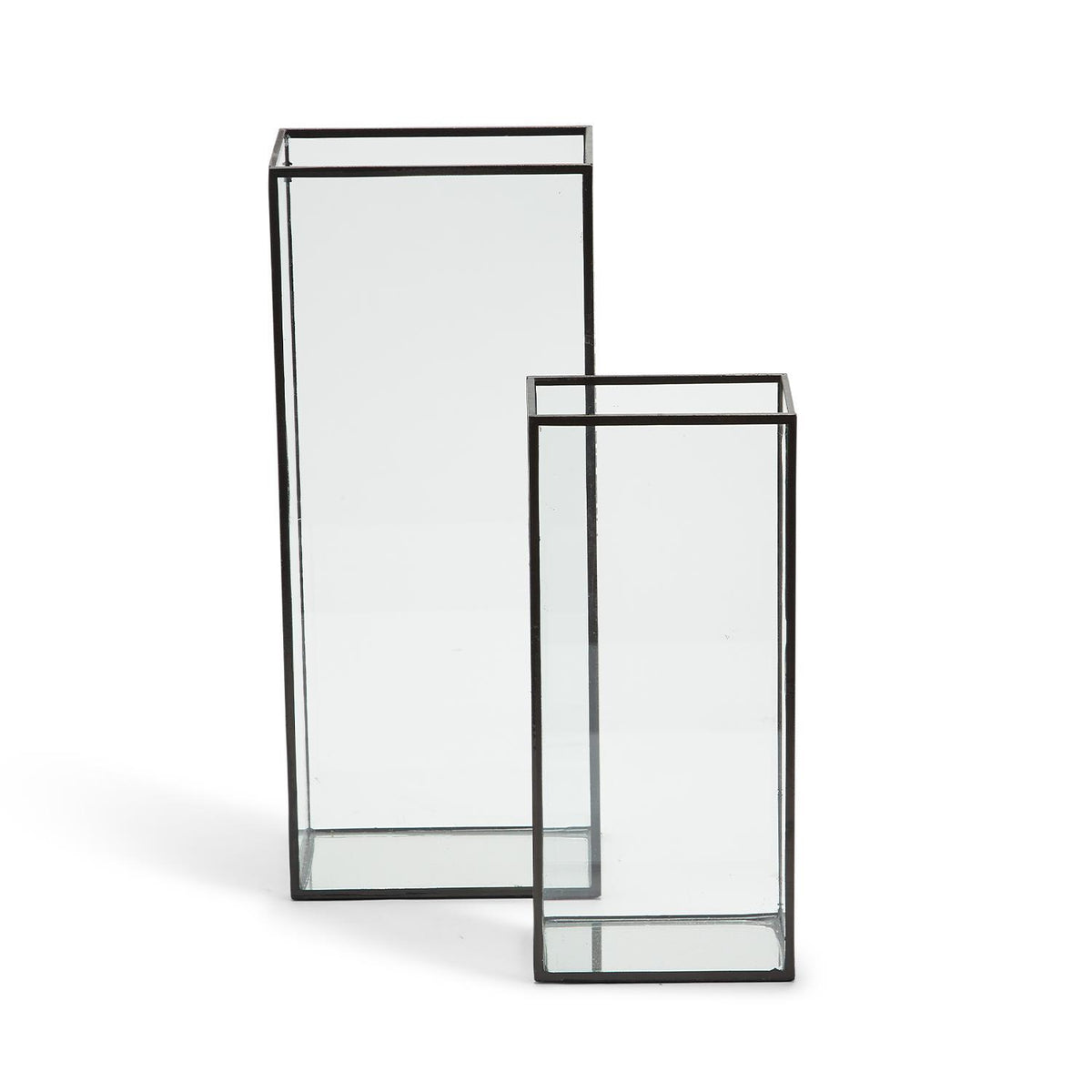 Square window vase in clear glass with a geometric cutout pattern.
