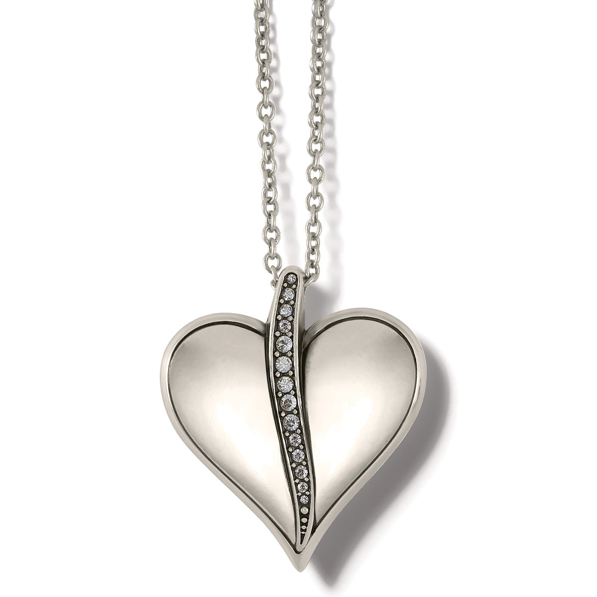 Silver plated Precious Heart Necklace with a crystal-lined center on an adjustable chain.