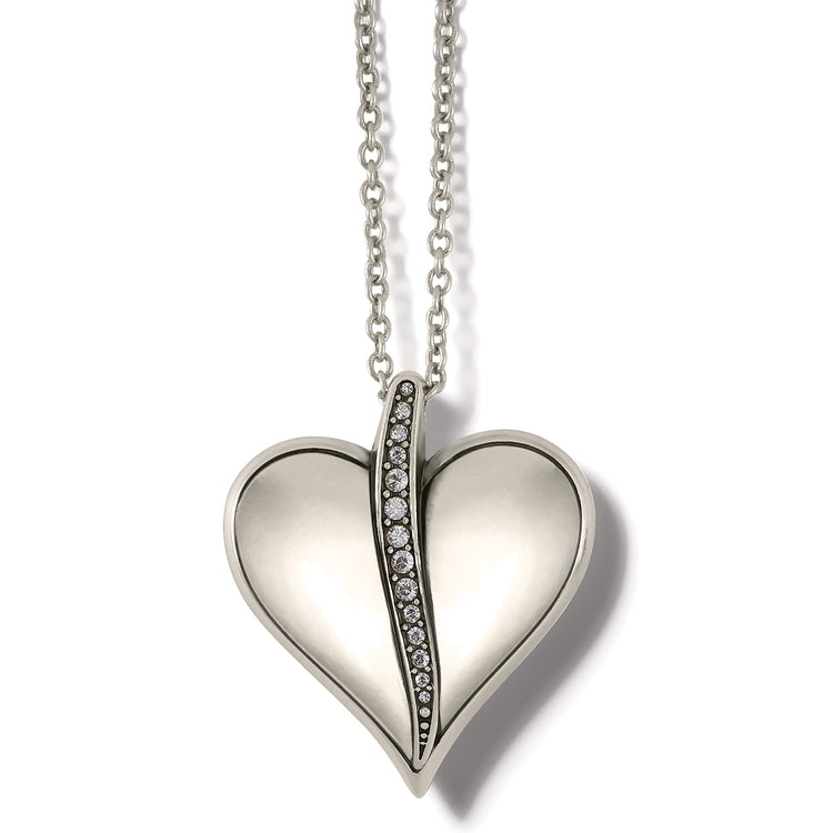 Silver plated Precious Heart Necklace with a crystal-lined center on an adjustable chain.