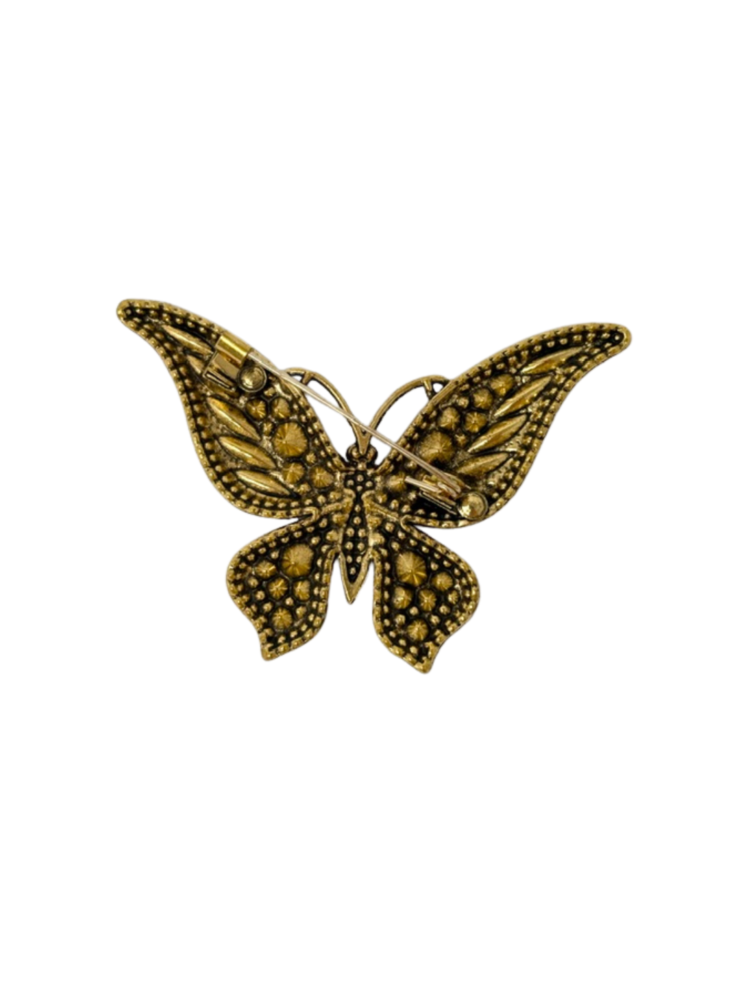 Back view of a small antique gold-tone butterfly brooch with a pin fastening mechanism.