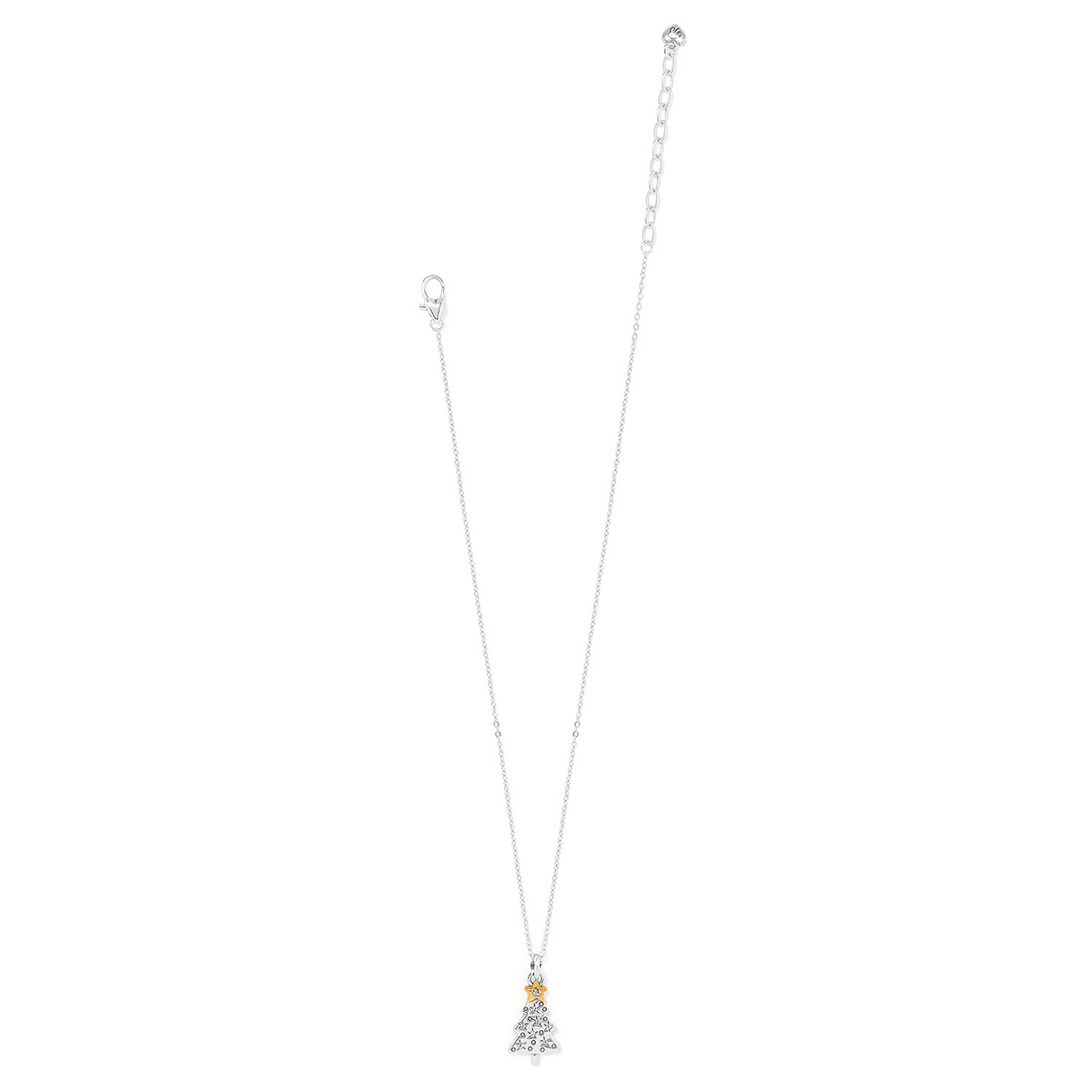 Twinkle Tree Necklace featuring a silver Christmas tree pendant with a gold star on a silver chain.