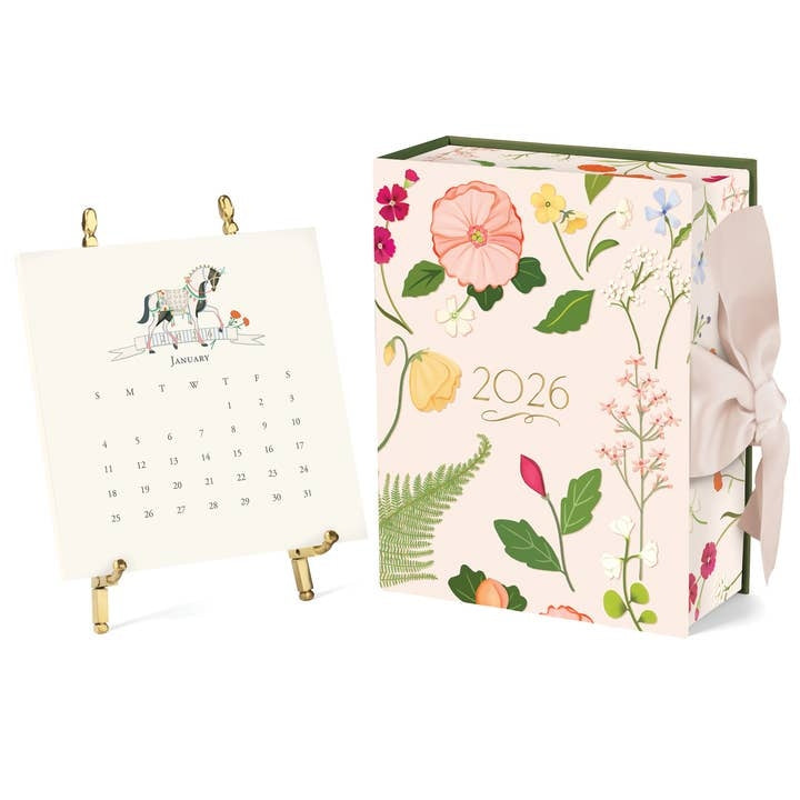Gold easel desk calendar featuring Karen Adams original artwork with hand-glittered foil accents on natural white paper.