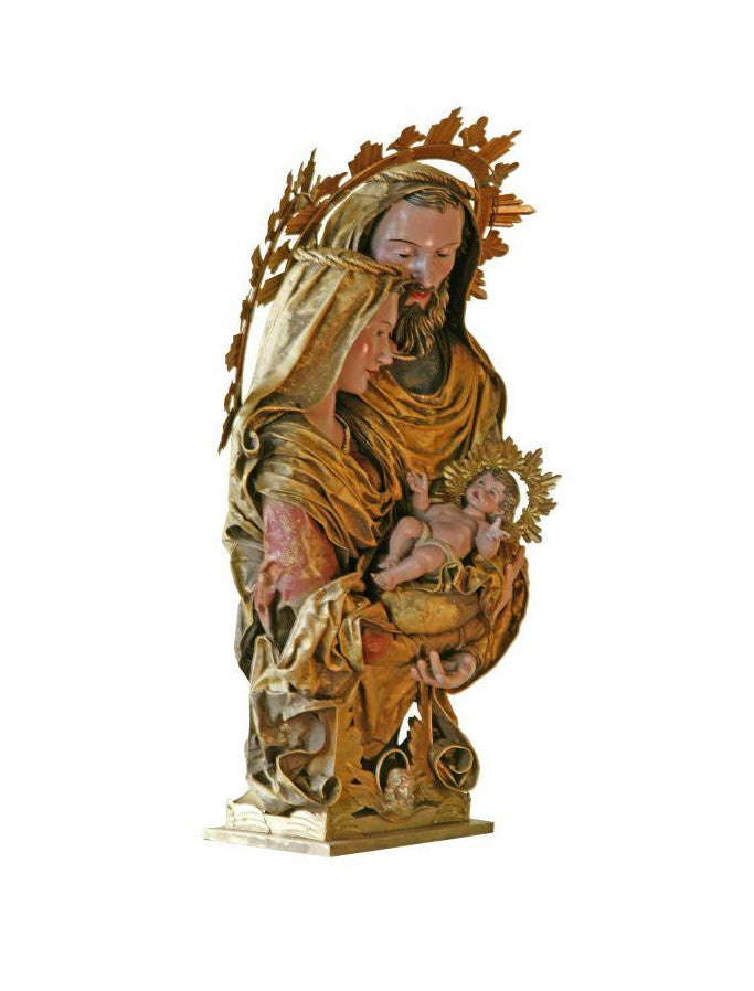 33-inch Holy Family bust sculpture featuring Mary, Joseph, and the infant Jesus in gold and red.