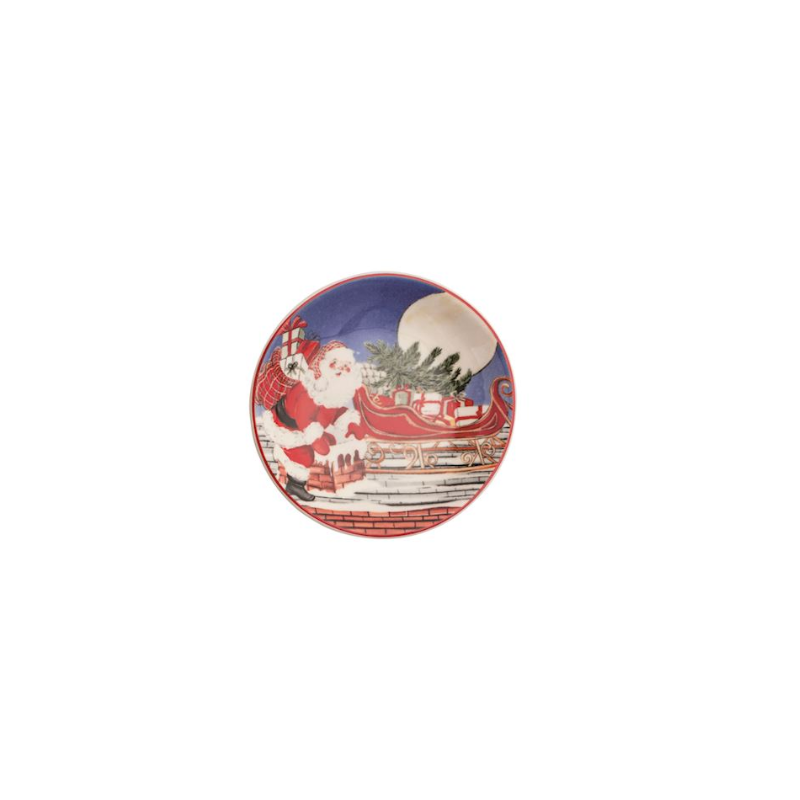 Round stoneware tidbit plate featuring a hand-painted scene of Santa Claus by his sleigh.