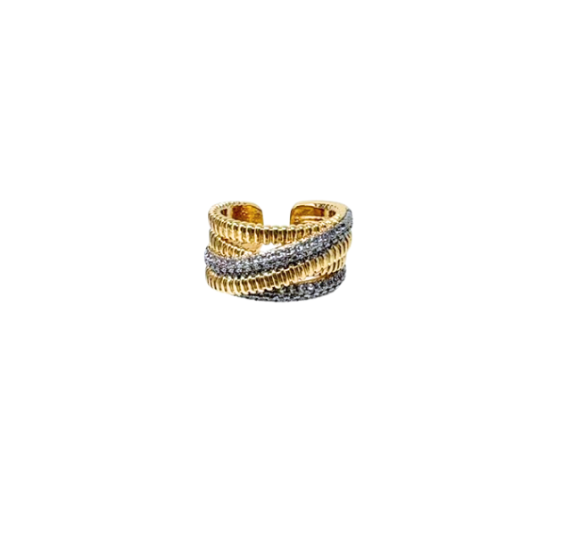 Gold and silver multi-layered textured fashion statement ring with a chunky, open-back design.
