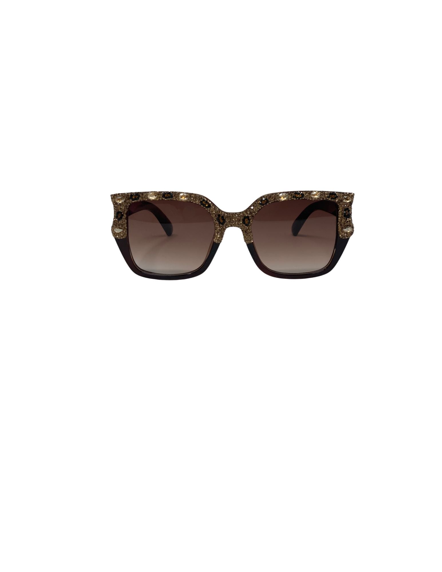 Square rhinestone sunglasses with leopard print accents and brown gradient lenses.