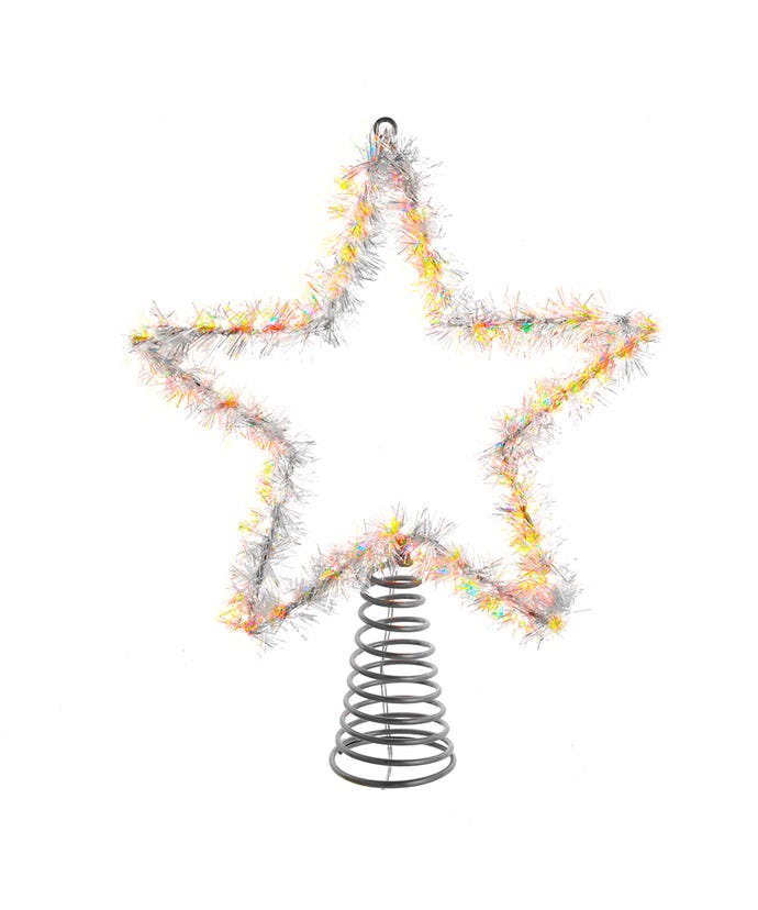 12.2-inch silver tinsel star tree topper with warm white LED lights and a metal spring base.