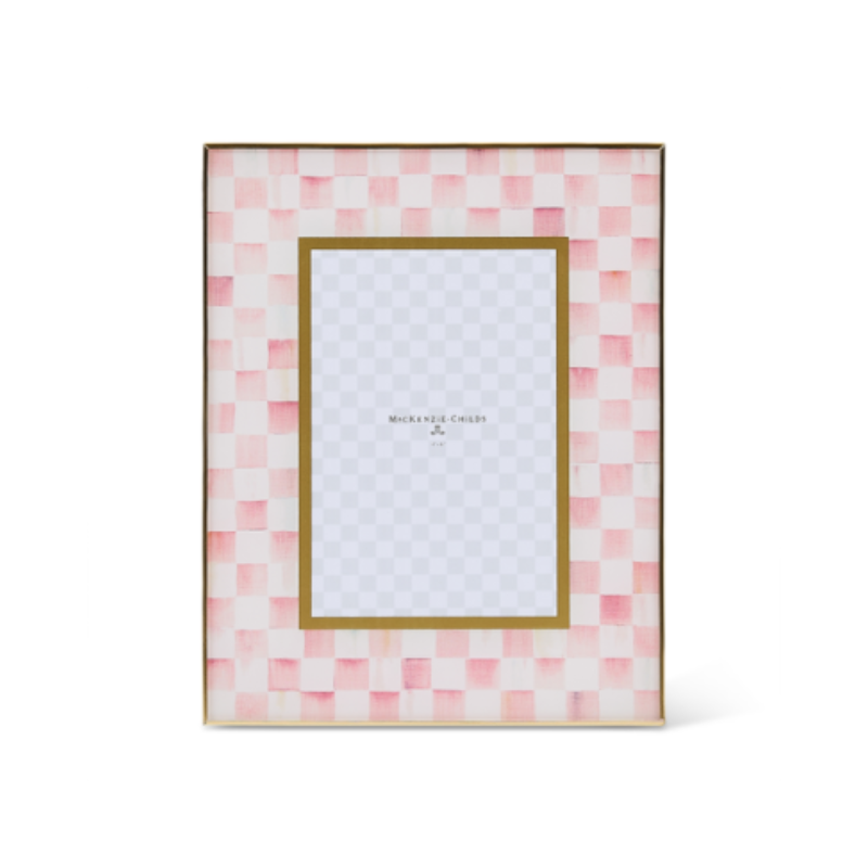 Pink and white checkered 4x6 glass photo frame with a brass border and gold inner trim.