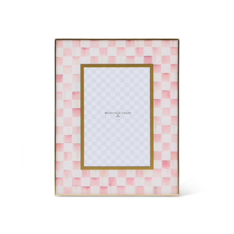Pink and white checkered 4x6 glass photo frame with a brass border and gold inner trim.