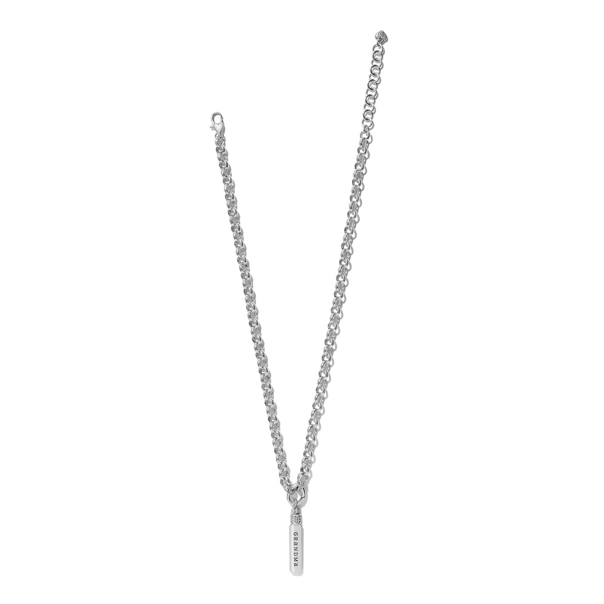 Silver-tone chain necklace with a vertical bar pendant engraved with Grandma and crystal accents.