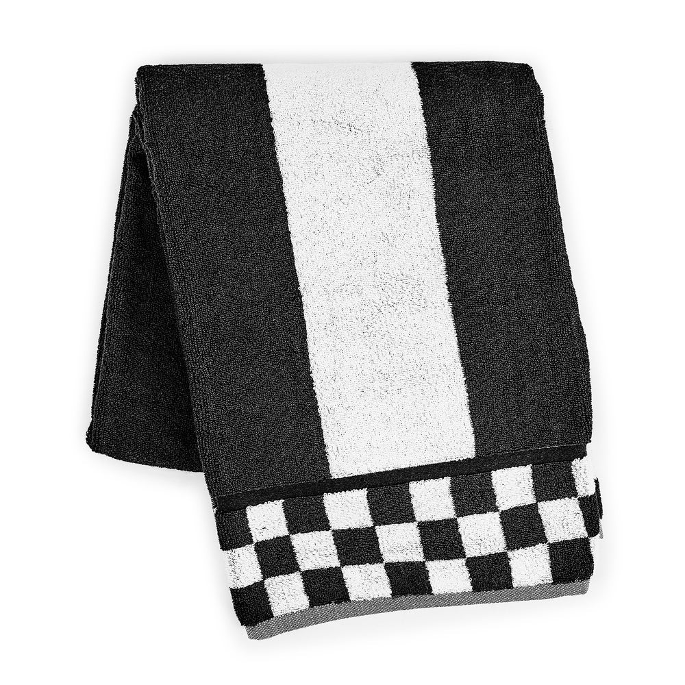 Cotton striped bath towel in contrasting tones with a plush texture.