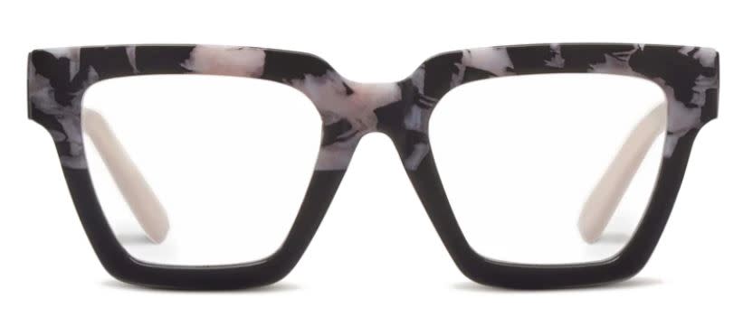 Take A Bow eyeglasses with bold blue frame featuring animal print temples.