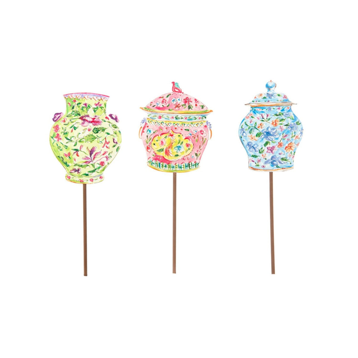 Three decorative ginger jar stakes in green, pink, and blue floral patterns.