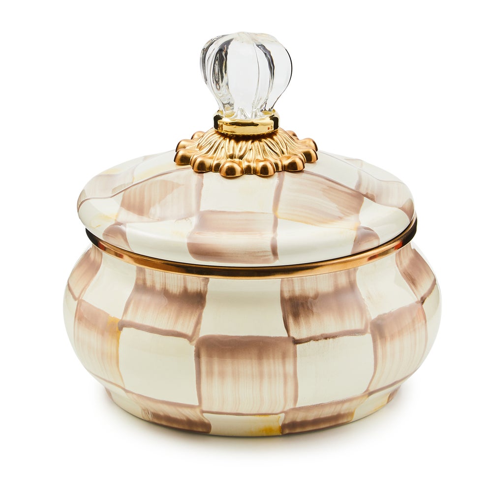 Hand-glazed steel squashed pot with mocha checkered pattern, bronzed stainless rim, brass and glass accents.