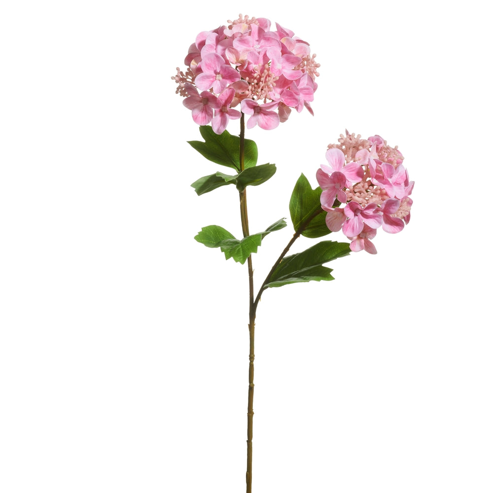 Artificial hydrangea spray with blue polyester blooms on a green stem.