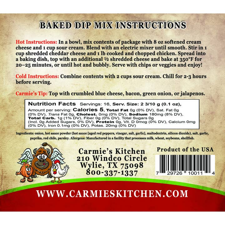 Back label for Buffalo Chicken Dip Mix with hot and cold instructions and nutrition facts.