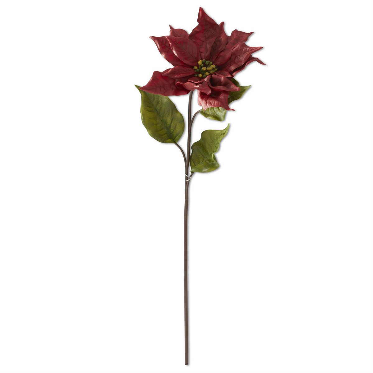 27-inch real touch burgundy poinsettia stem with green leaves on a long brown stem.