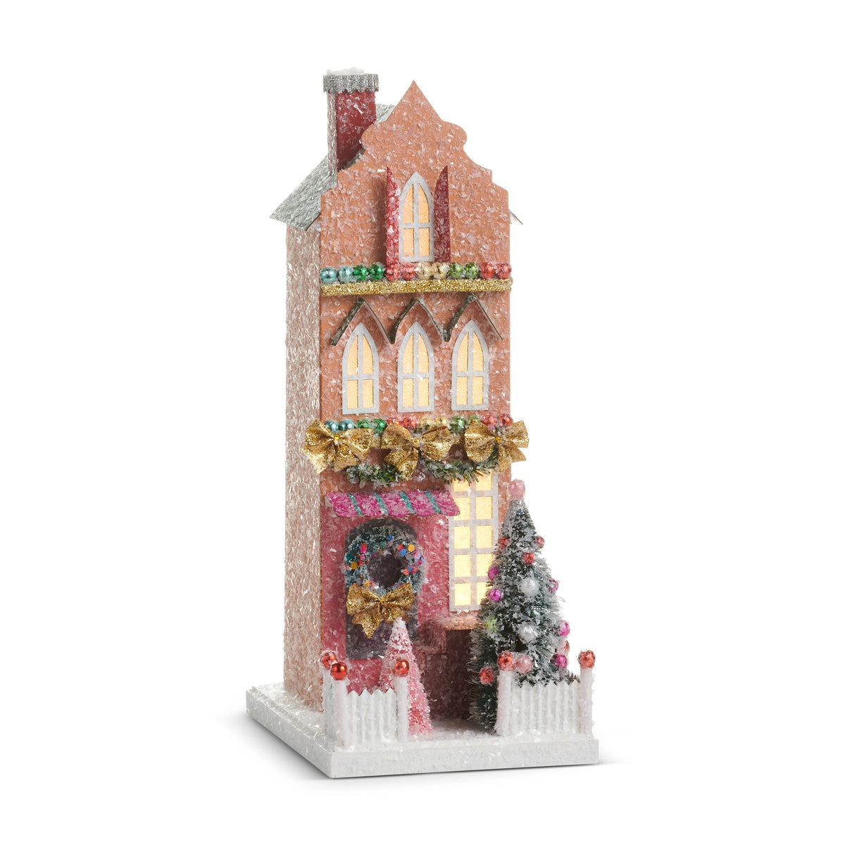 12-inch multicolored lighted paper house with glitter, gold bows, and a frosted Christmas tree.