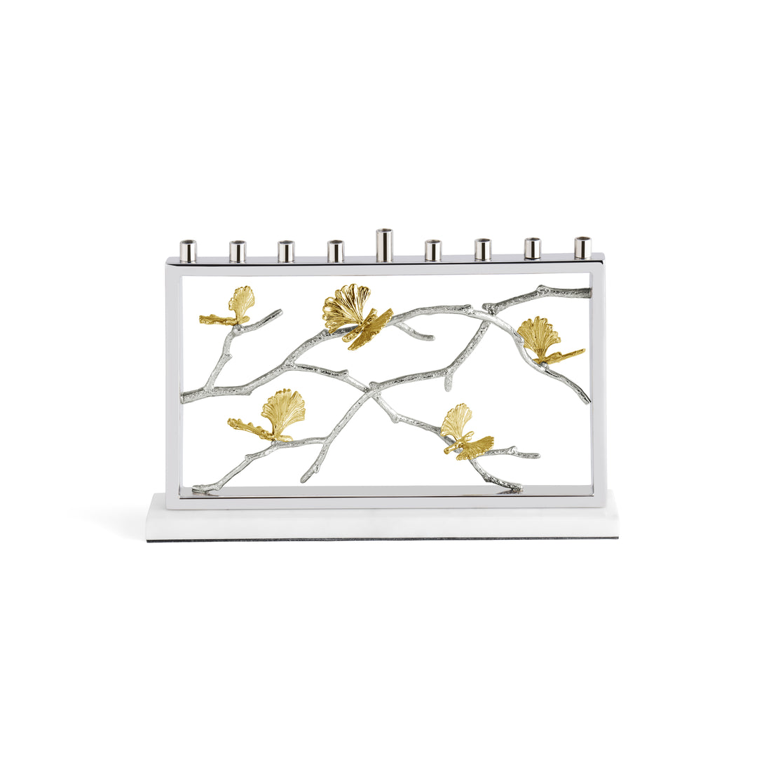 Butterfly Ginkgo Luxe Menorah in gold finish with butterfly wing silhouette and ginkgo leaf accents.