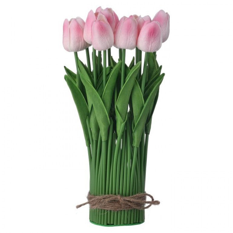 Twelve-inch Eva tulip centerpiece with green leaves tied in natural twine