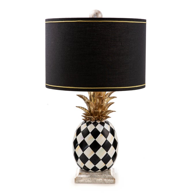 Hand-painted resin pineapple table lamp with antiqued silver accents on a tall base and matching shade.
