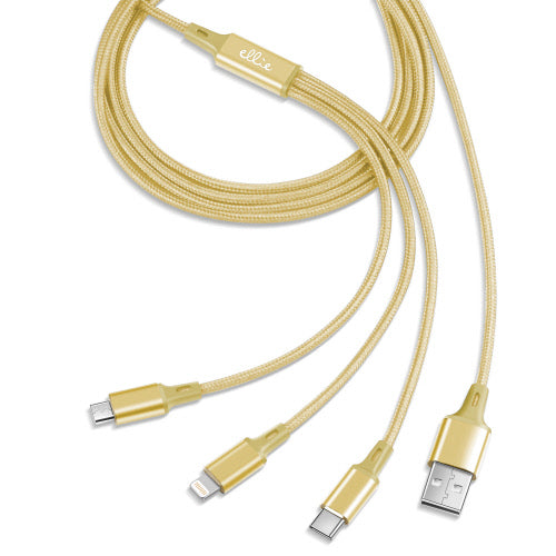 Gold 10-foot nylon braided 3-in-1 charging cable with USB-A, USB-C, and Lightning connectors.