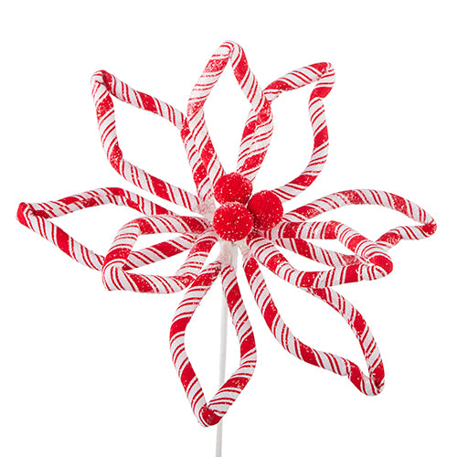 16.5 inch peppermint floral stem with red and white striped loops and three red glitter berries.