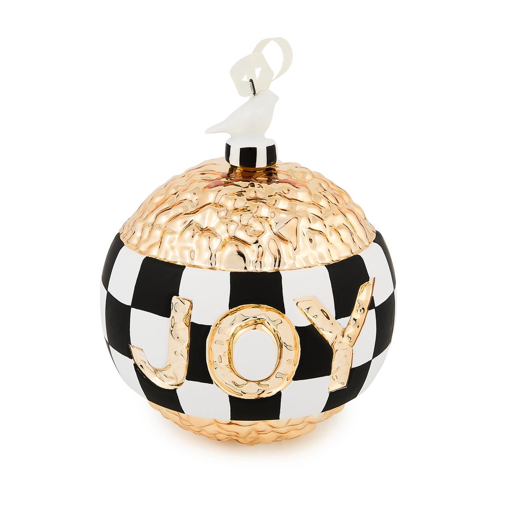 Courtly Noel JOY Glass Ball Ornament with black and white checks and gold-tone textured accents.