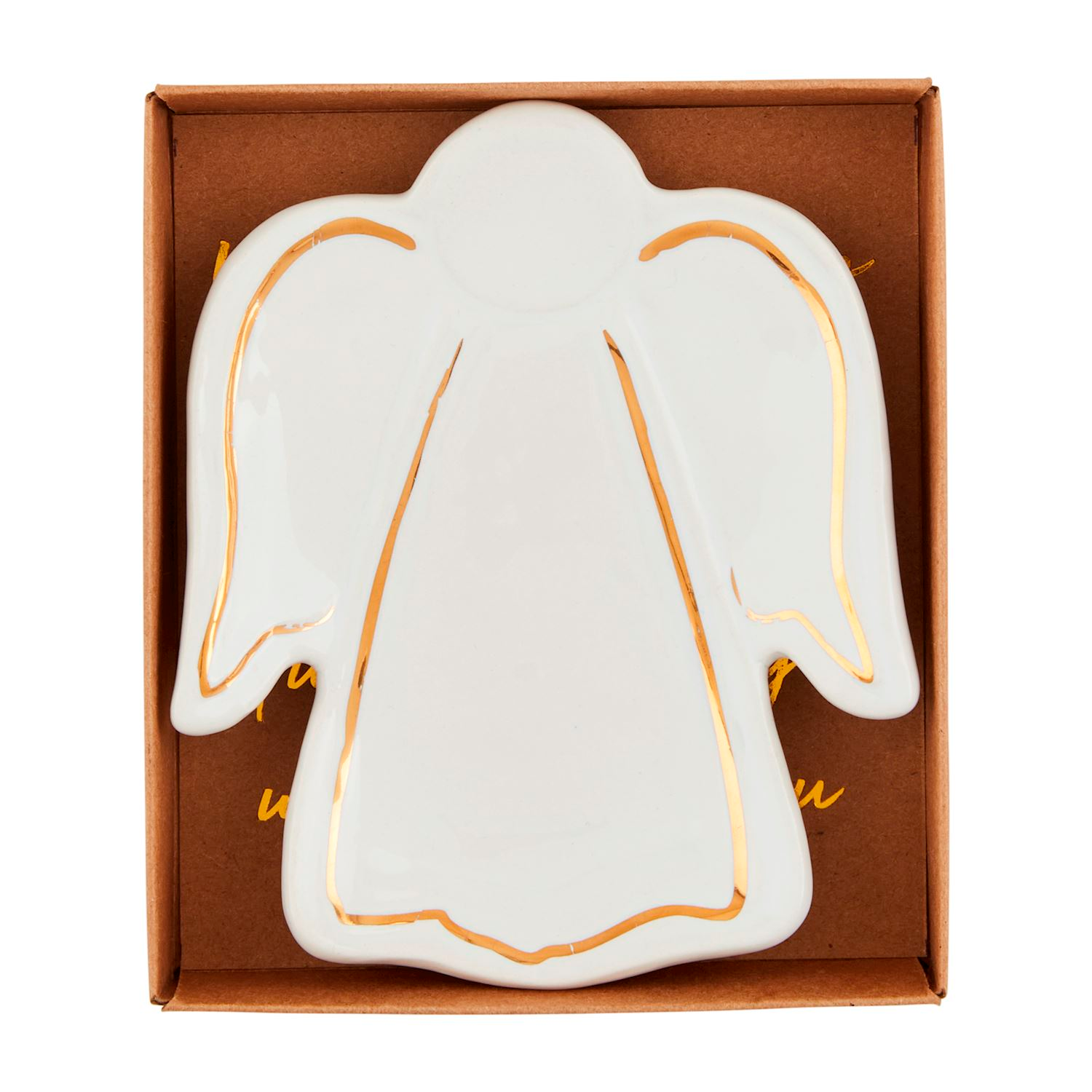 White stoneware angel-shaped tidbit dish with a hand-painted gold electroplate rim in a brown box.