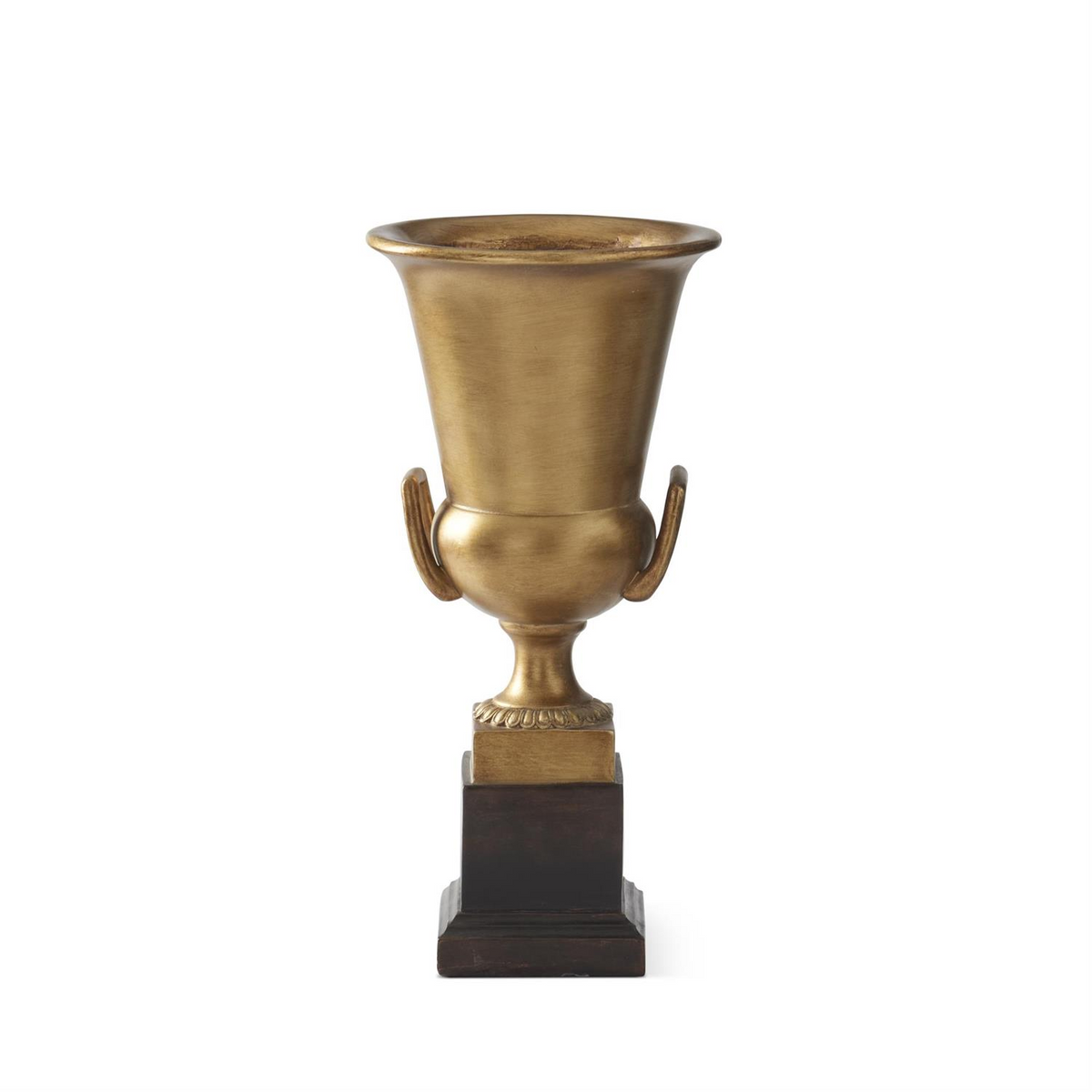 16.25 inch gold resin trophy urn with a classic silhouette on a dark square pedestal base.