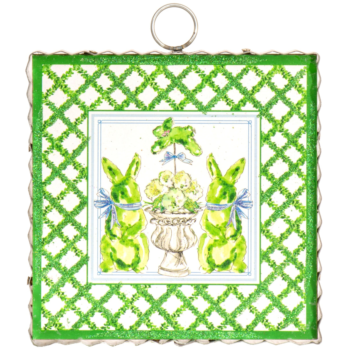 Mini gallery boxwood bunny wall hanging with natural green foliage on a white silhouette.