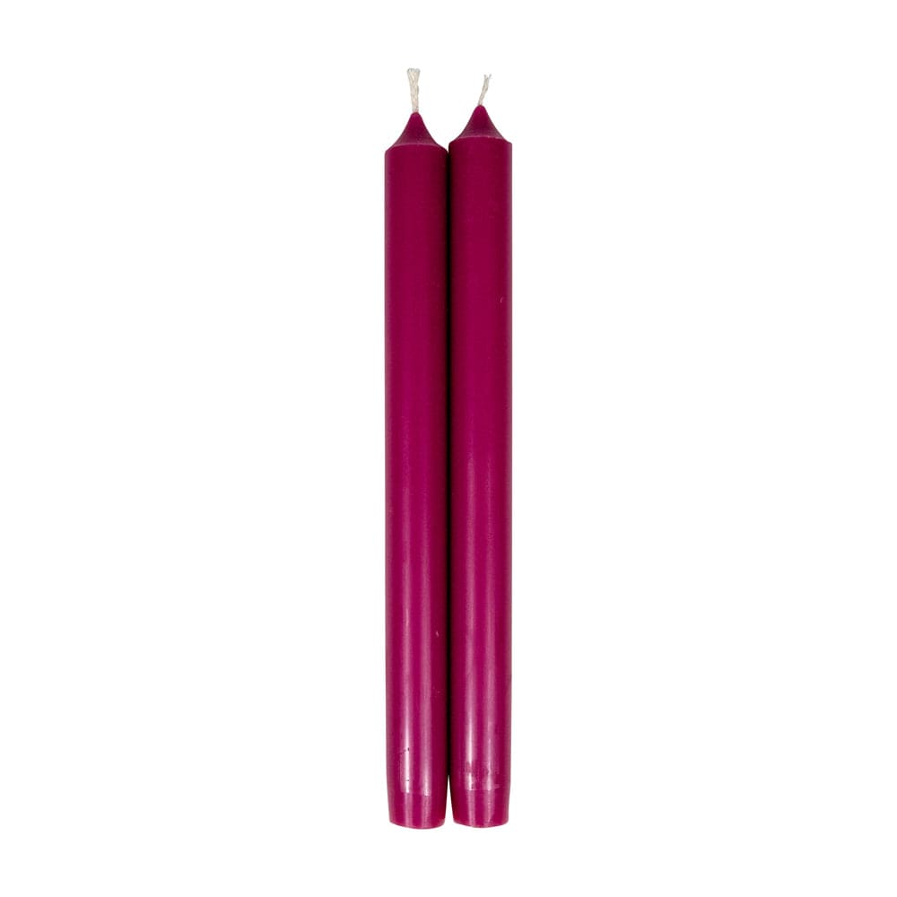A pair of 10-inch magenta taper candles with pointed tops and lead-free cotton wicks.