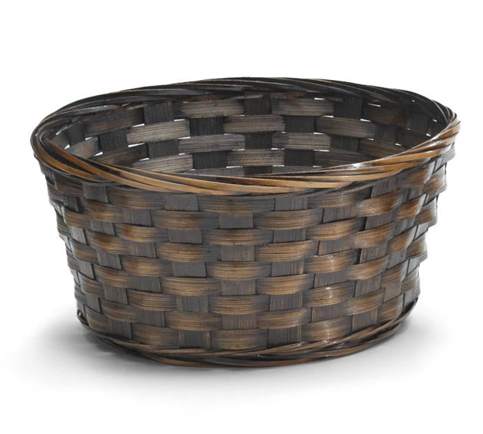 9-inch round bamboo basket with a dark stain finish and woven design.