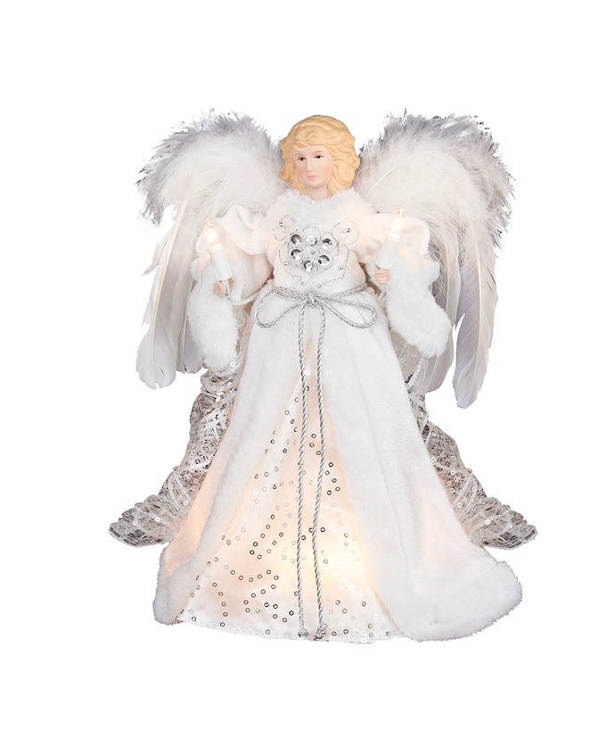 12-inch white and silver angel tree topper with 10 lights, feather wings, and sequined gown.