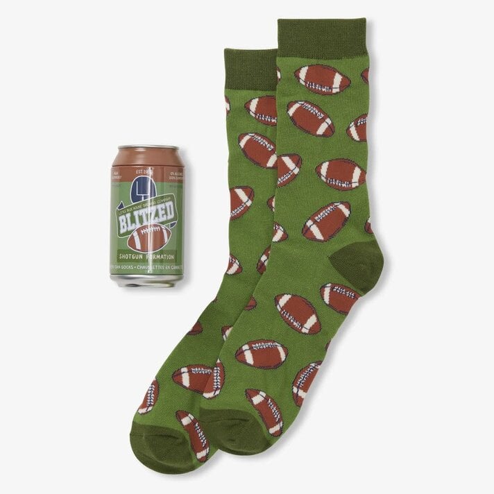 Men's green crew socks with a football pattern next to a matching beer can packaging.