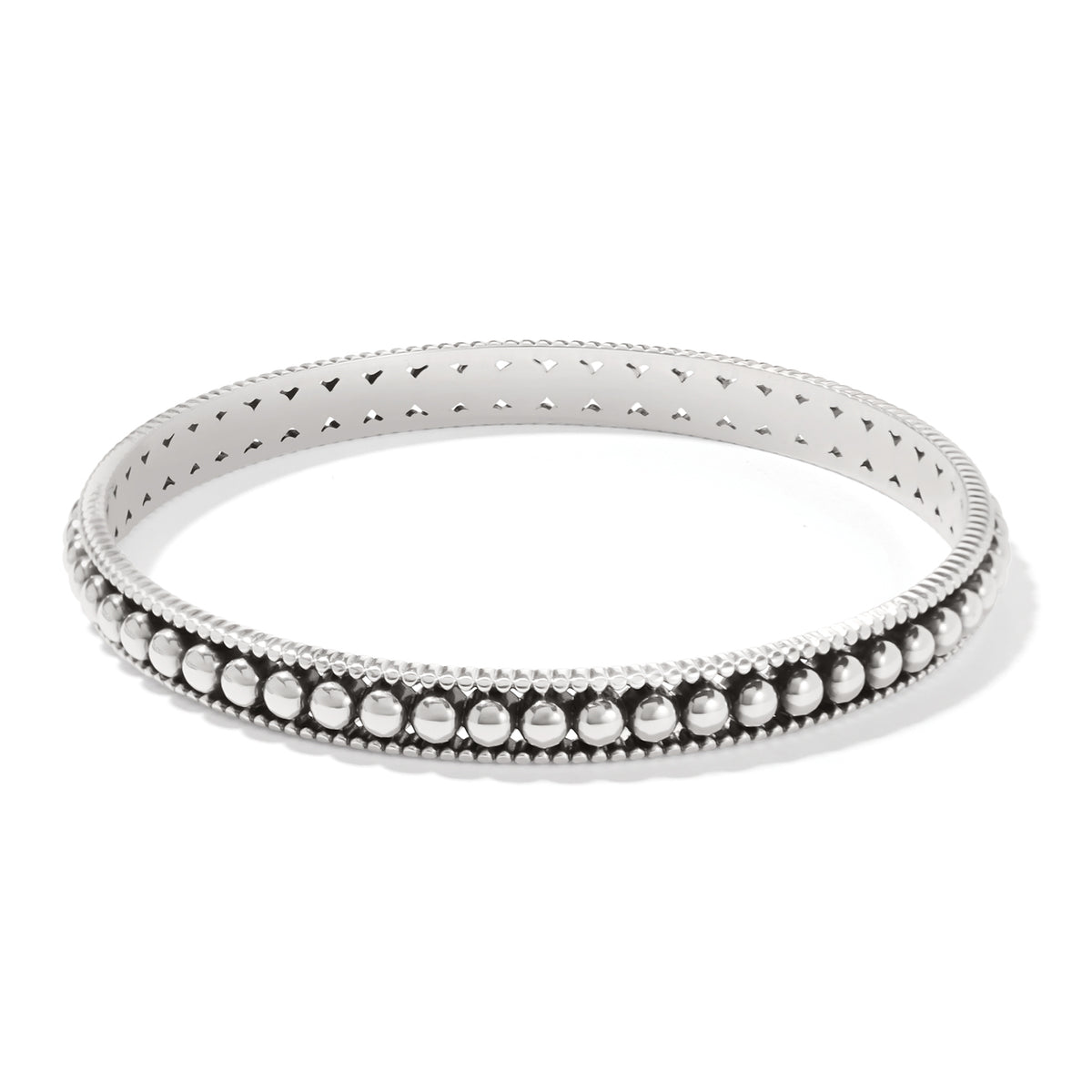 Silver plated Pretty Tough Pierced Slim Bangle with a beaded texture and cutout details.