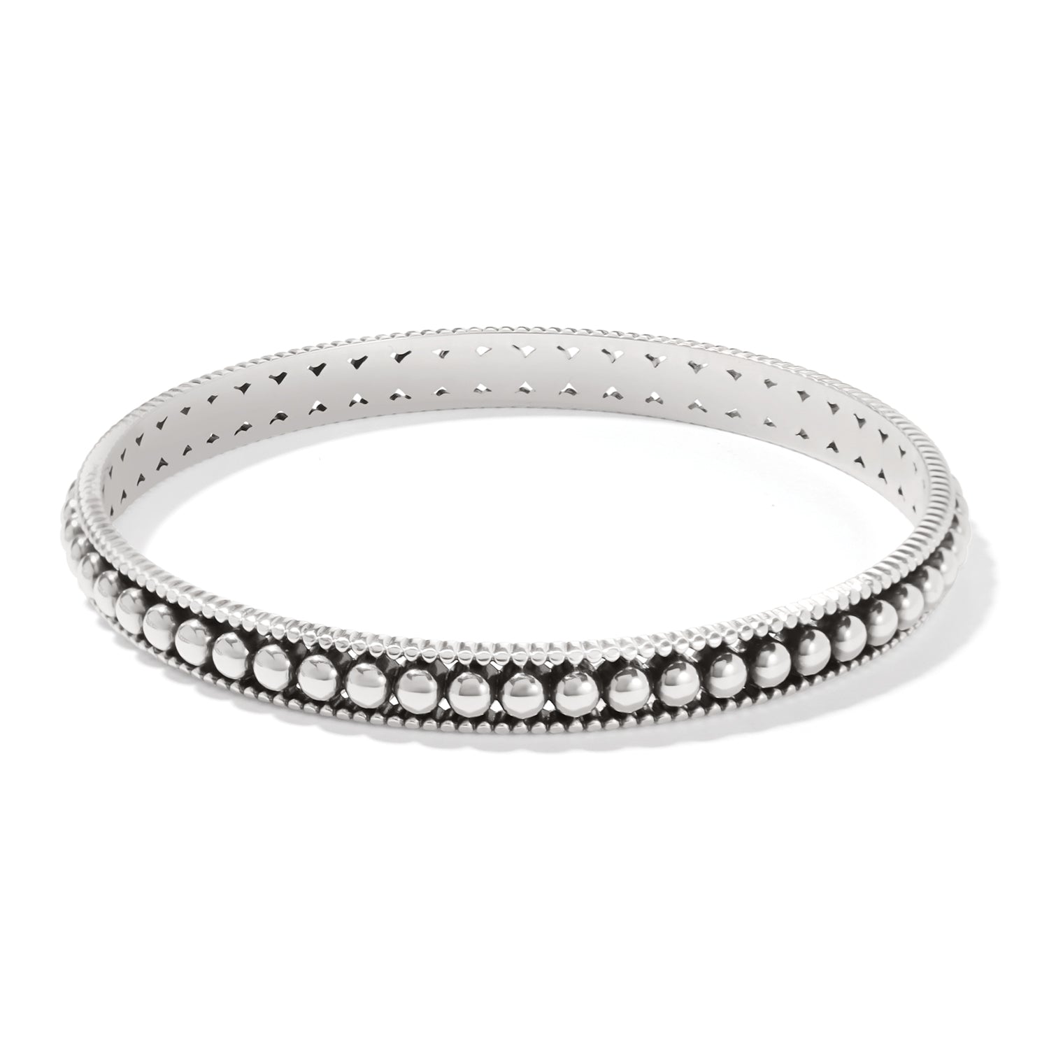 Silver plated Pretty Tough Pierced Slim Bangle with a beaded texture and cutout details.
