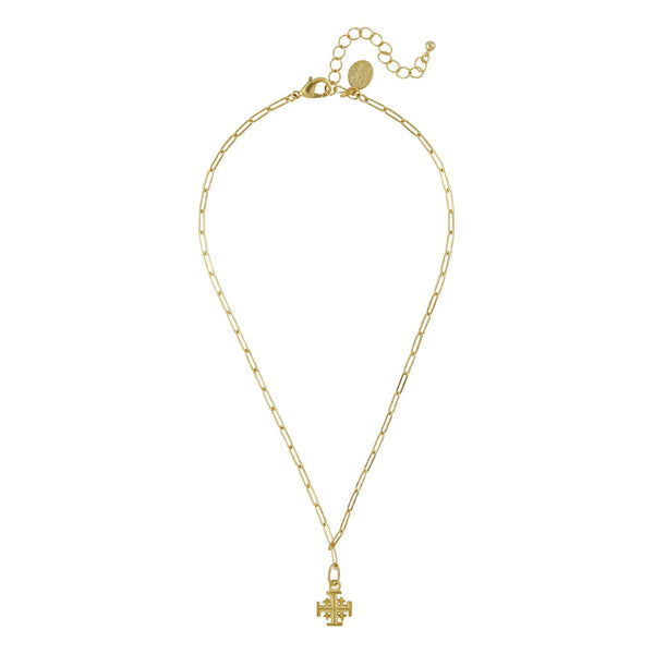 Gold Jerusalem Cross pendant on a paperclip link chain necklace with an adjustable extender.