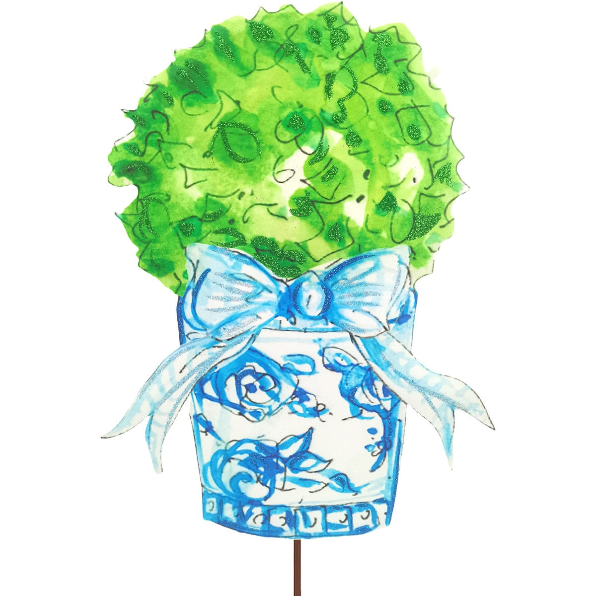 Beck's Blue Gingham Boxwood Pot easel with blue gingham pattern and boxwood silhouette.
