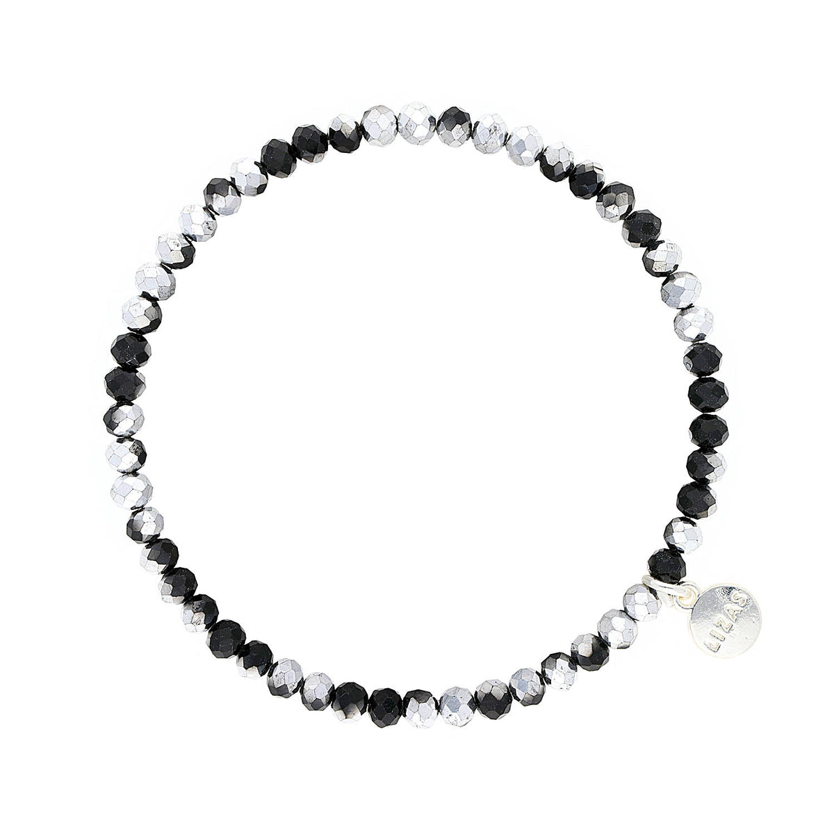 Stretchy beaded bracelet with faceted glass beads in colorful pattern.